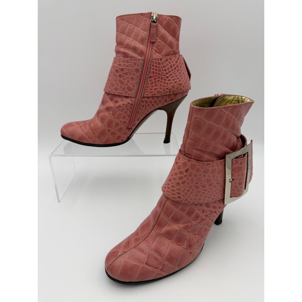 Dolce & Gabbana Croc Embossed Ankle Boots Pink Leather Size 37.5 / 7.5 Logo